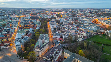 Obraz premium Sunset aerial view of the old town of Krakow, Poland.