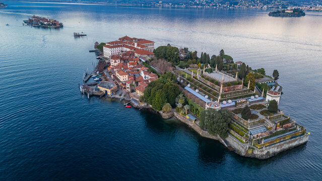 Sunset panorama view of Borromean islands at Lago Maggiore in It
