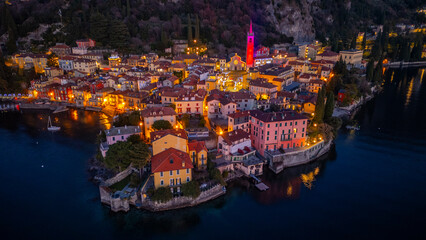 Sunset view of Varenna town situated at lake Como in Italy
