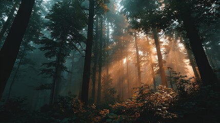 Obraz premium A dense forest towers with golden sunbeams piercing through the tree canopy during a hazy day