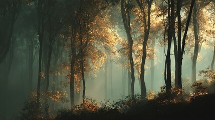 Obraz premium A dense forest brimming with countless trees encompasses a hazy atmosphere where green and yellow tree trunks coalesce