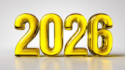3D liquid glass rendering of the number “2026” in bold transparent yellow typography on a neutral background