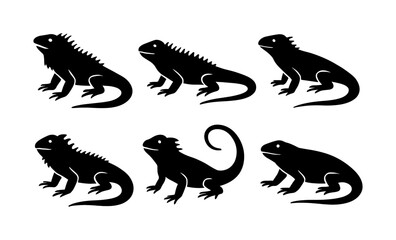 Naklejka premium Silhouette set of iguanas and lizards in iconic poses for nature designs