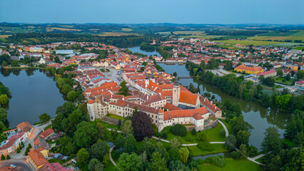 Fototapeta premium Sunset panorama view of Czech town Telc