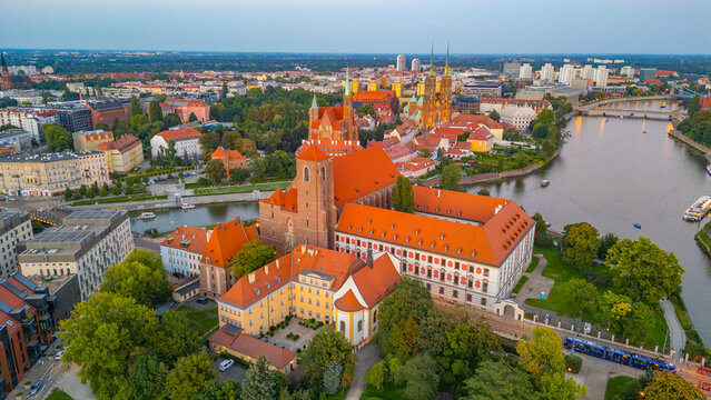 Sunset view of center of Wroclaw with Roman Catholic parish chur