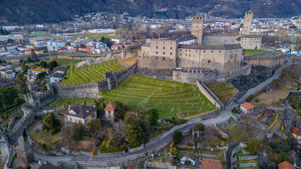 Sunset view of Bellinzona with Castelgrande, Switzerland