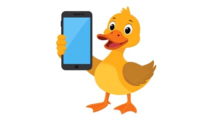 A cartoon duck displays a modern smartphone, showcasing a simple, cheerful digital illustration.