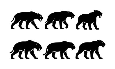 Obraz premium Set of six silhouette saber-toothed tigers in profile view