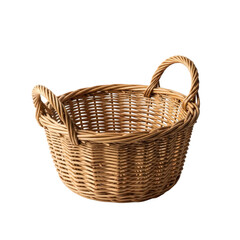 Empty woven basket with handles isolated against png background. Rustic container, handicraft, home decor, storage solution.