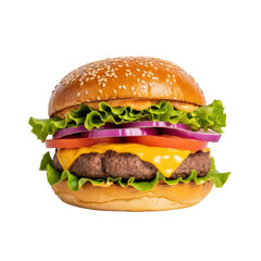 Delicious burger isolated against a png background. Fresh ingredients, restaurant meal, fast food temptation.