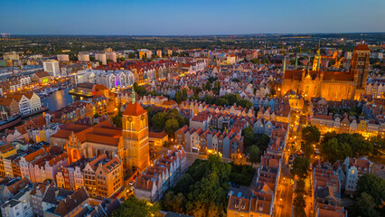 Sunset aerial view of the city center of Gdansk, Poland
