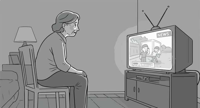 Watching news on television showing construction site with workers, senior woman sits on chair near screen. Woman watching news reveals serious updates and information.