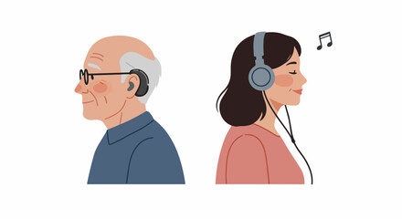 Hearing aid and headphones depicting different generations enjoying music, each in their own way. Senior man using hearing aid listens attentively,
