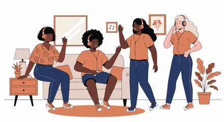 Obraz premium Diverse women dancing, enjoying music with headphones in living room setting. Diverse women are moving and dancing together to the rhythm of the music, enjoying their time in a cozy indoor setting,