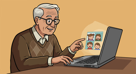 Senior video call with cheerful grandfather interacting with family members on computer screen. Cheerful senior video call shows bond and love between generations.