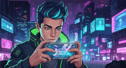 Man playing game on smartphone in cyberpunk cityscape, illuminated by neon billboards, a vibrant night scene. Man playing game with passion amidst towering, high tech architecture.