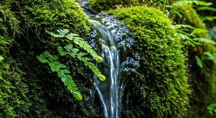 Closeup of a small waterfall flowing over mossy rocks