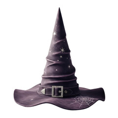 Fototapeta premium A witch's hat with stars and spider web sits poised. Magical, fantasy costume, wizard, spell, witchcraft.