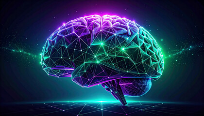 Artificial intelligence brain with neural network connections in neon colors.