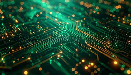 Abstract close-up of a glowing green and gold circuit board with intricate electronic pathways.