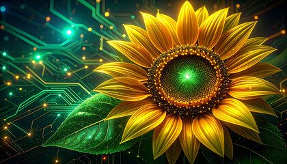 A vibrant sunflower with a glowing digital core against a futuristic circuit board background.