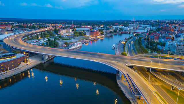 Night view of West-Oder bridge in Szczcecin, Poland