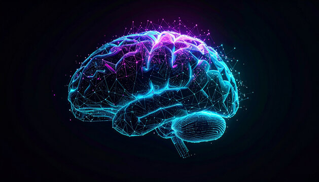 Abstract 3D rendering of a human brain, glowing with purple and blue neon light, highlighting neural connections.