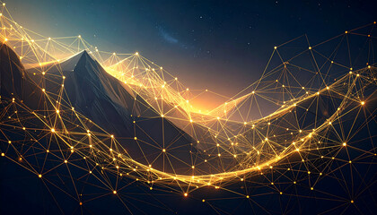 Digital network of interconnected nodes and lines over a mountain landscape with bright light.