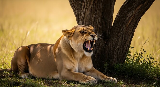 Lioness Roaring Under a Tree in the African Savannah.