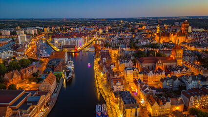 Sunset aerial view of the city center of Gdansk, Poland