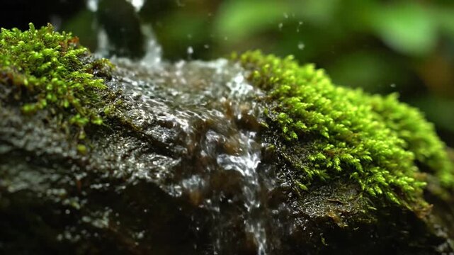 Crystal clear water drips and splashes onto lush green moss covering a wet stone, a serene macro photograph capturing the refreshing purity and tranquility of nature
