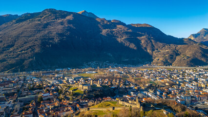 Panorama view of Bellinzona with Castelgrande and Castello di Mo © dudlajzov