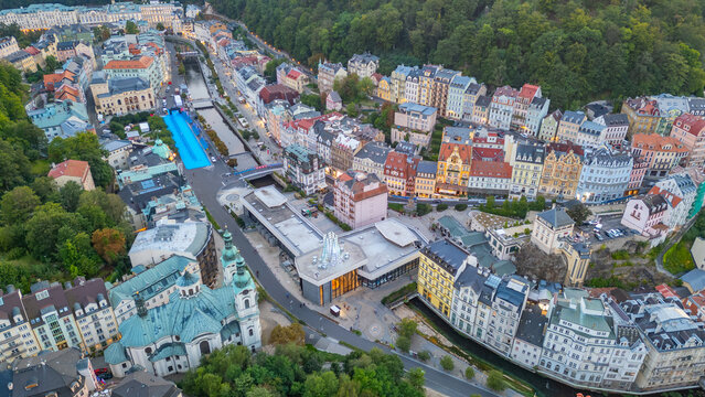 Sunset panorma view of Karlovy Vary and its hotels in Czech repu