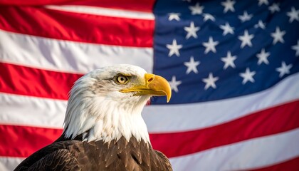 A proud bald eagle gazes intently against the backdrop of an American flag, showcasing patriotic colors and national symbolism.