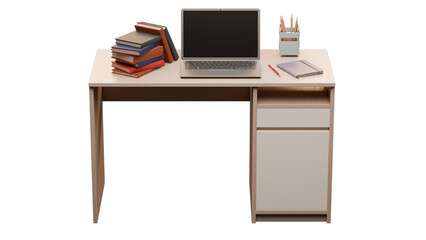 School desk with laptop and supplies on transparent background