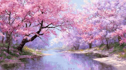 Fototapeta premium Pink blossom trees line a river in a soft painted landscape under a pastel sky