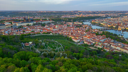 Fototapeta premium Sunset panorama view of Hradcany from Petrin hill in Prague, Cze