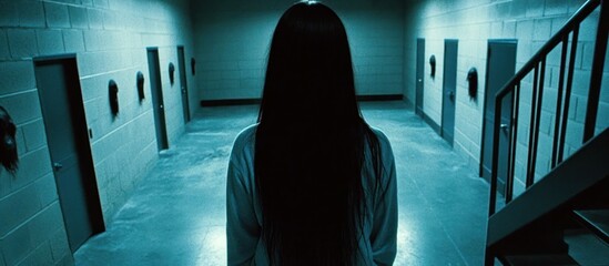 A shadowy figure with long dark hair stands in a dimly lit hallway, facing away from the camera. The hallway features several closed doors and a staircase,