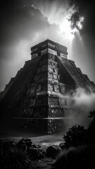 Dramatic Black and White Image of the Ancient Mayan Pyramid Chichen Itza Under Cloudy Skies