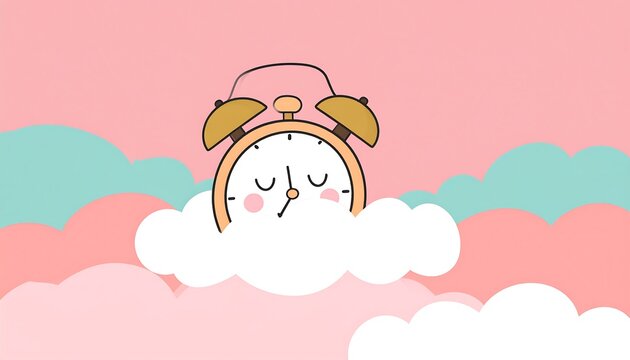 A cartoon alarm clock sleeping in clouds