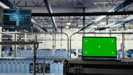 Green screen laptop in server hub with hardware supporting AI driven services. Mockup notebook in data center storing and processing vast datasets for artificial intelligence operations
