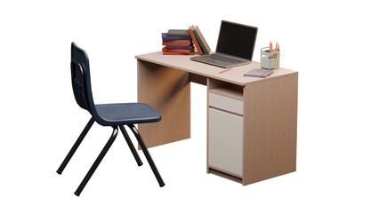 School desk with chair and laptop isolated on transparent background