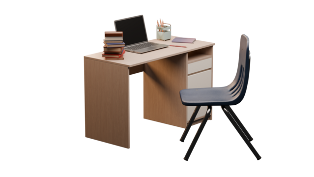 Wooden school desk with laptop and books isolated on transparent background