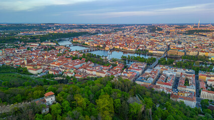 Obraz premium Sunset panorama view of Prague from Petrin hill, Czech republic