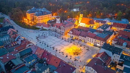 Selbstklebende Fototapeten Hochrot Sunset aerial view of Polish town Pszczyna  © dudlajzov