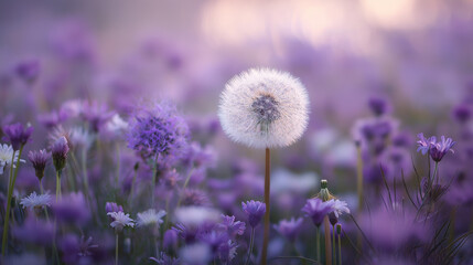 A delicate white dandelion stands gracefully in a purple flower field under soft light, creating a dreamy, peaceful atmosphere.