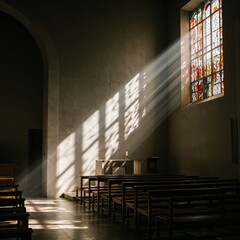 Sunlight streaming through stained glass window in a quiet church interior creating a peaceful atmosphere copy space