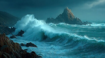   A body of water next to rocks with a huge wave crashing