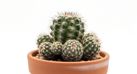 Small green cactus plant in a terracotta pot isolated on a white background.