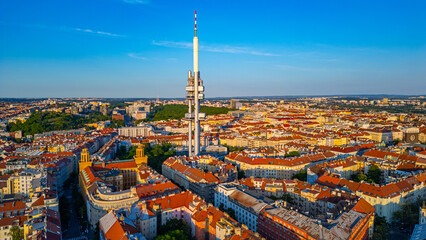 Obraz premium Sunset panorama view of Zizkov TV tower overlooking Prague, Czec